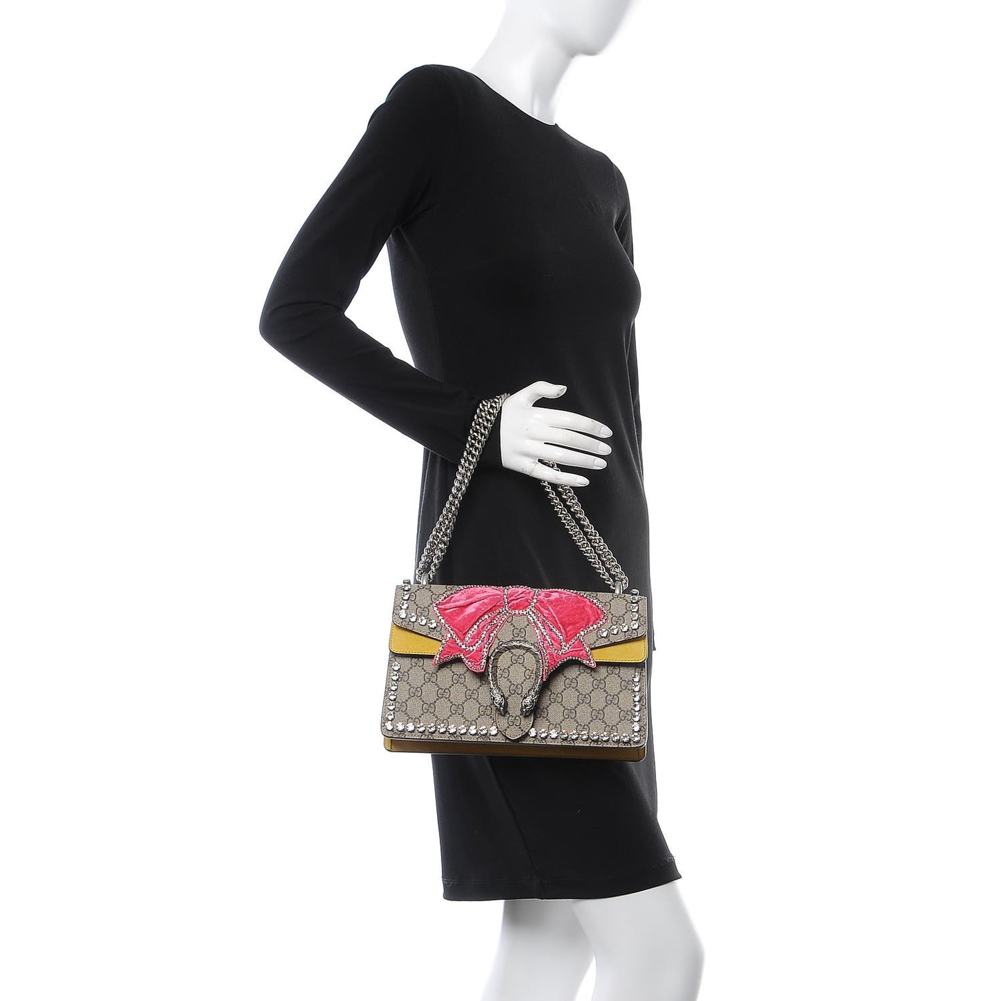 GG Supreme Monogram Crystal Bow Embroidered Small Dionysus Shoulder Bag Yellow