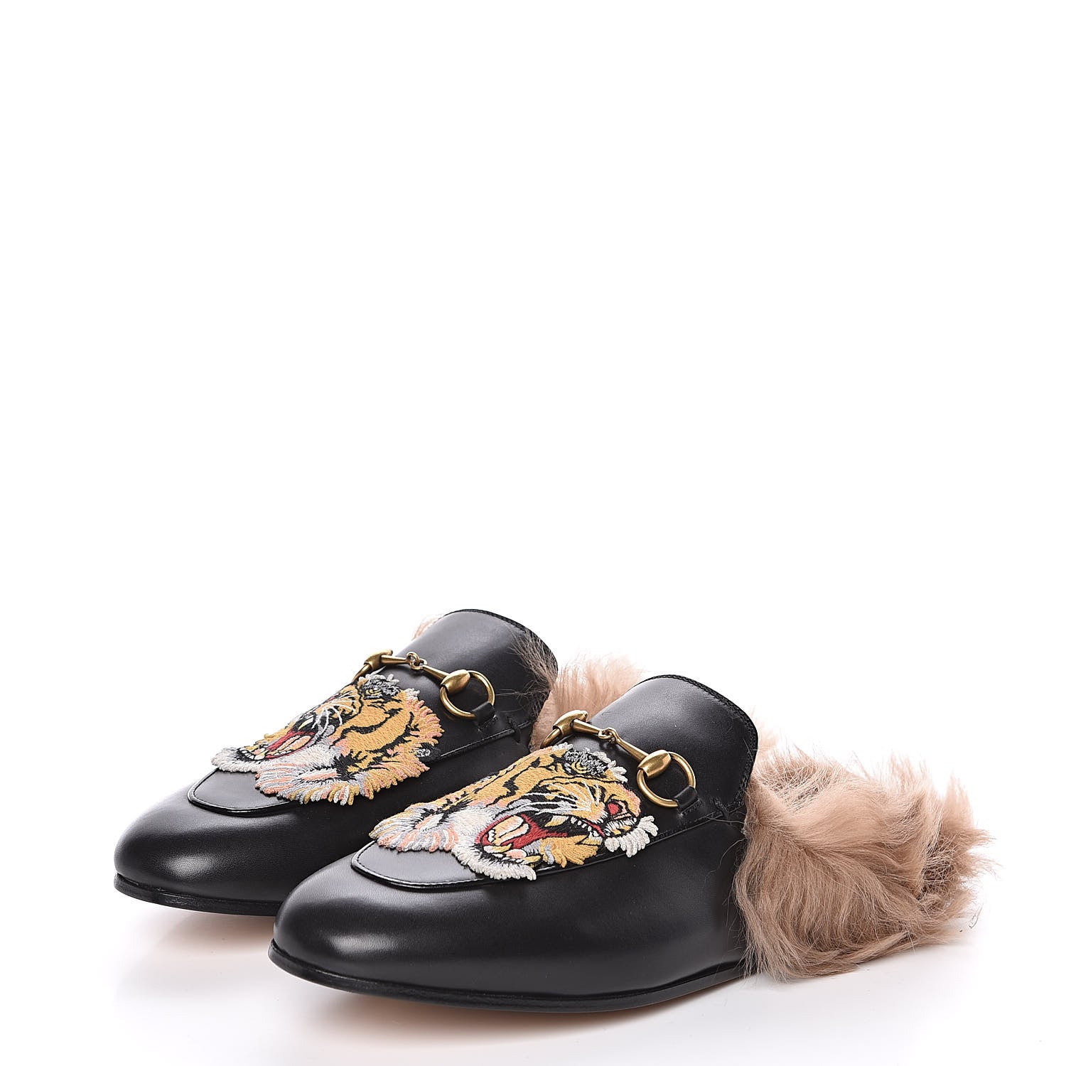 Gucci Calfskin Lambswool Tiger Embroidered Womens Princetown Slippers 39.5 Black 3 of 8