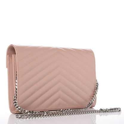 Saint Laurent Grain De Poudre Matelasse Chevron Monogram Chain Wallet Pale Pink 3 of 7