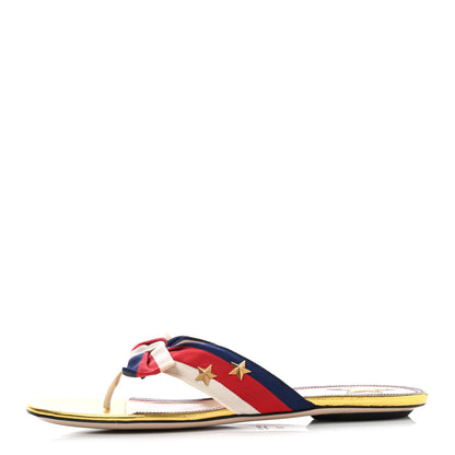 Gucci Grosgrain Web Thong Sandals 38.5 Navy Blue Hibiscus Red White 1 of 8