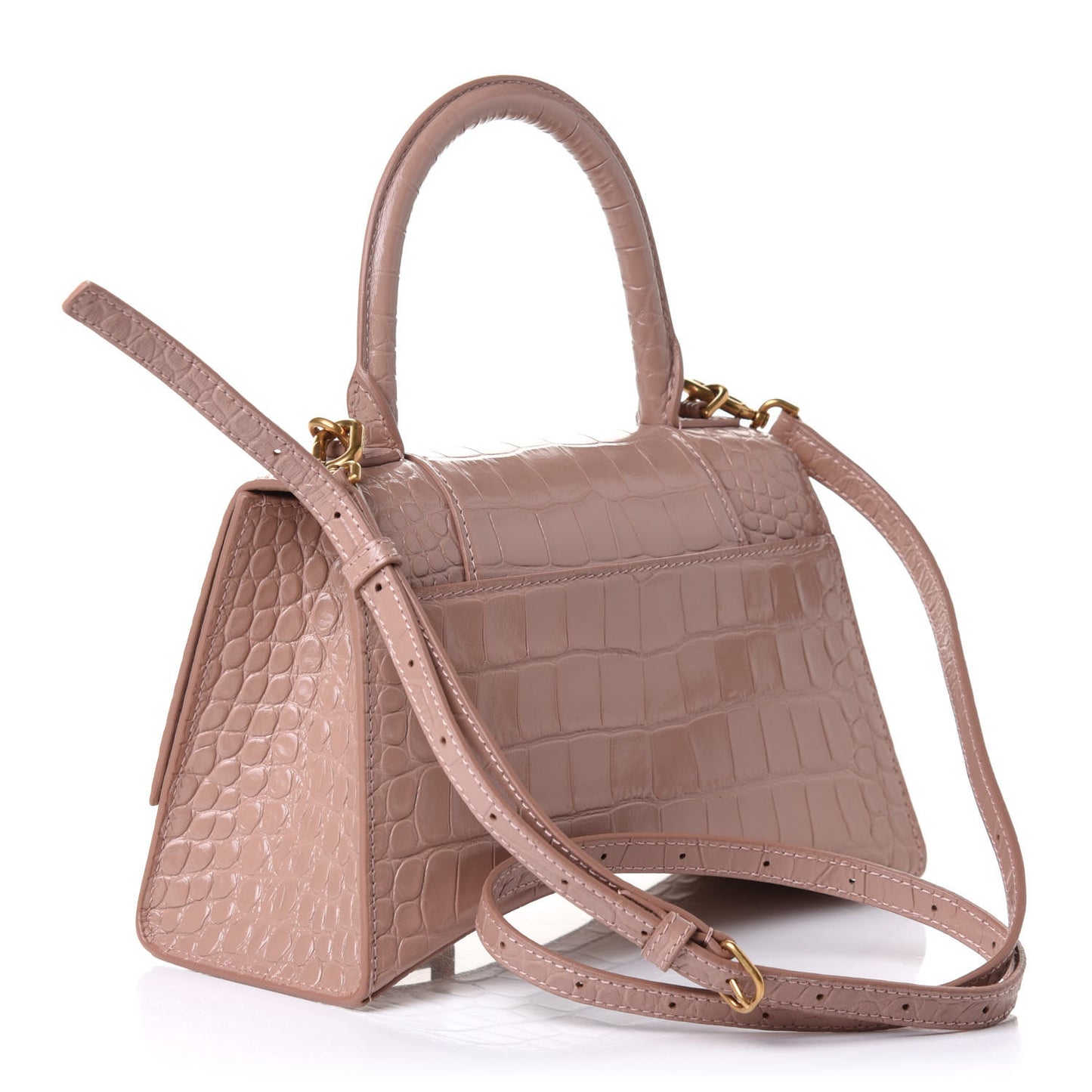Shiny Calfskin Crocodile Embossed Small Hourglass Top Handle Bag Nude Beige
