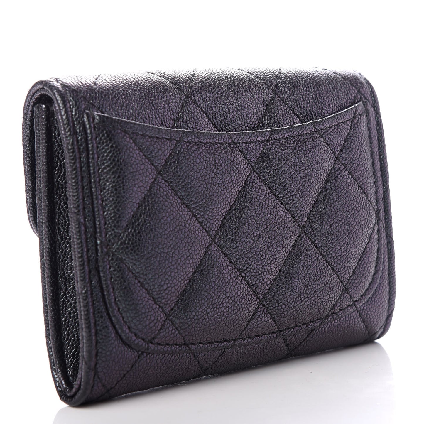 Iridescent Caviar Quilted Flap Card Holder Wallet Black