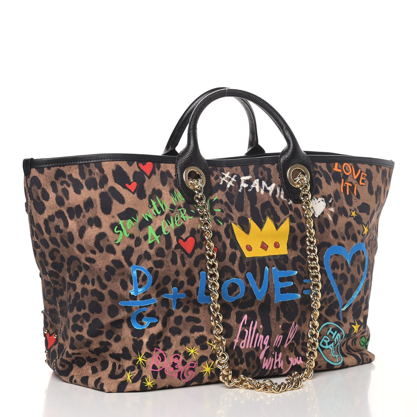 Canvas Leopard Graffiti Print Iguana Amore Tote Black Multicolor