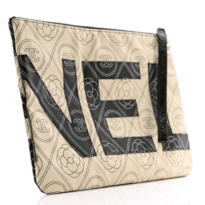 Chanel Coated Canvas Calfskin Camellia Printed Pouch Black Beige 3 of 9
