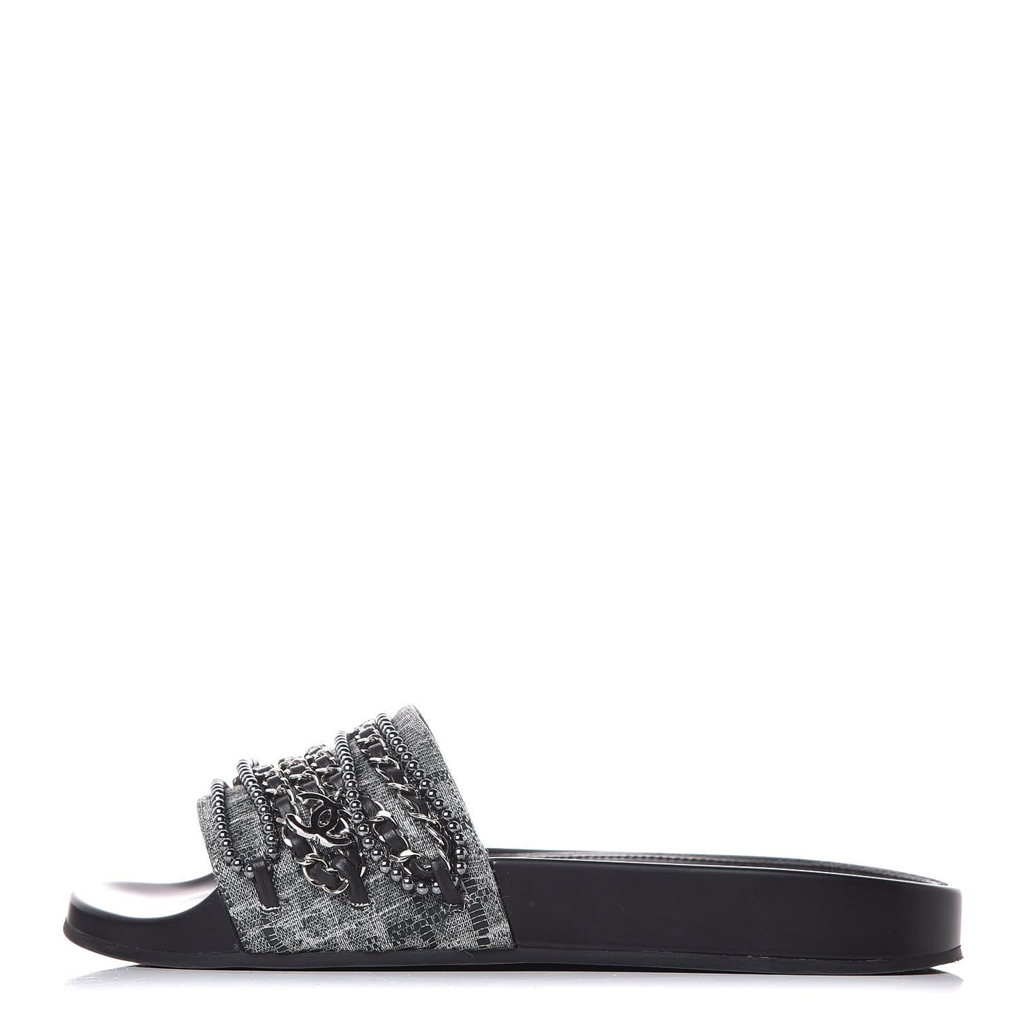 Fantasy Lambskin Pearl Chain Flat Sandals 38 Silver Black