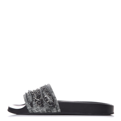 Chanel Fantasy Lambskin Pearl Chain Flat Sandals 38 Silver Black 1 of 11