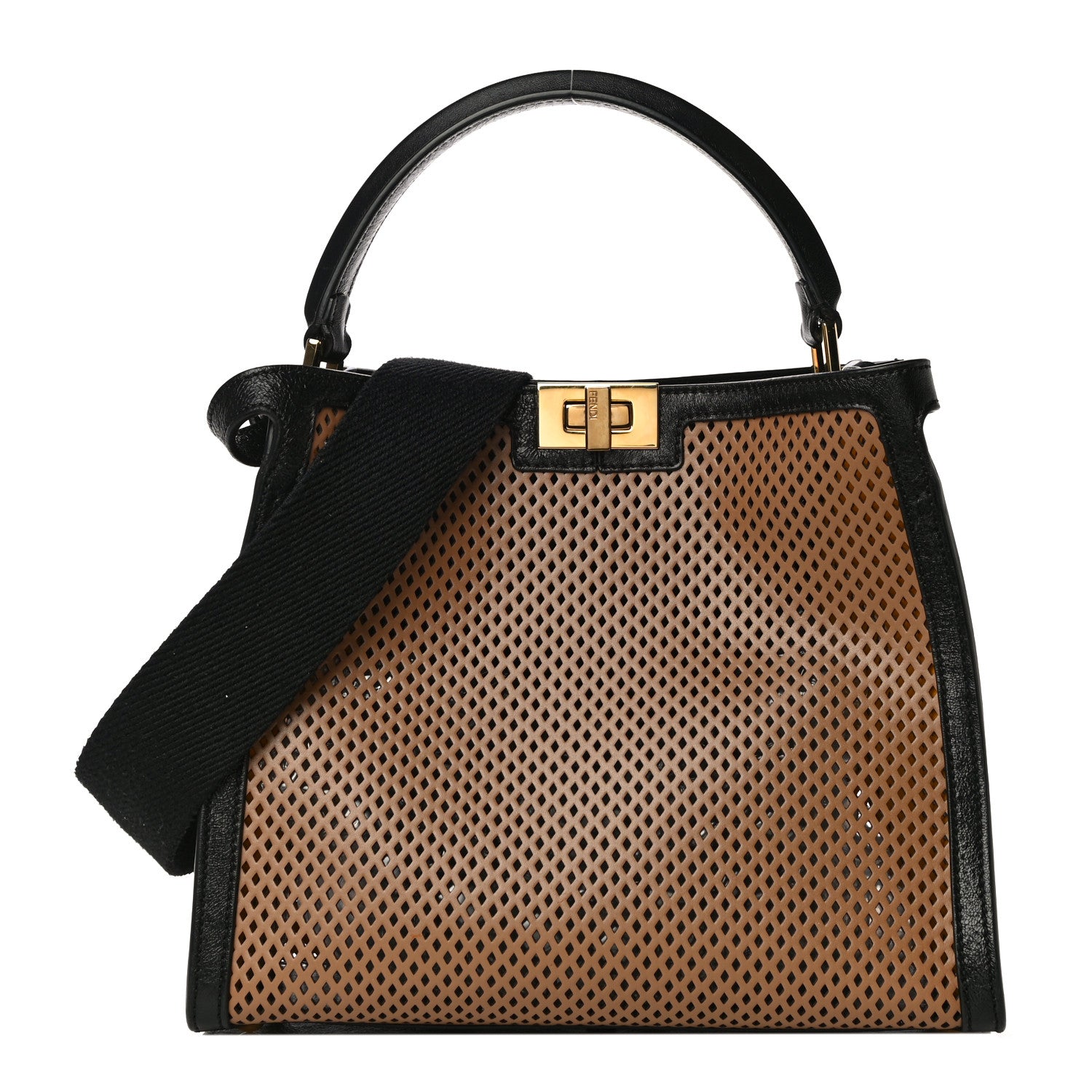 Fendi Vitello Liberty Glossy Lambskin Perforated Medium Peekaboo X-Lite Sand Mimosa Black 1 of 10