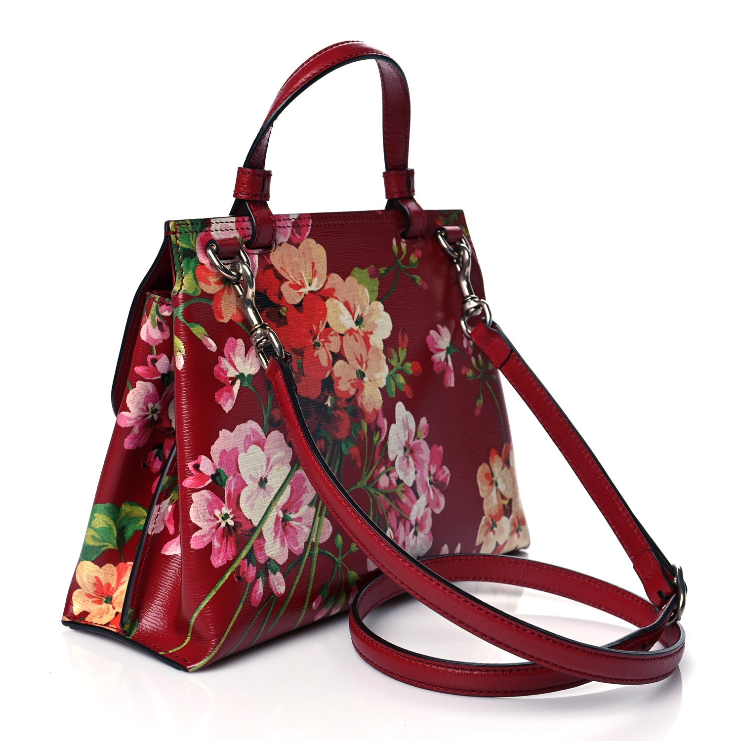 Gucci Shangai Calfskin Blooms Print Small Bamboo Daily Top Handle Bag Romantic Cerise Multicolor 3 of 9
