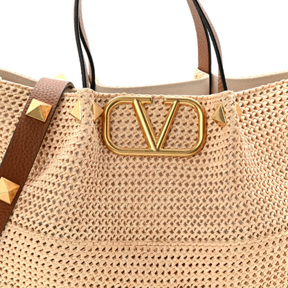 Valentino Garavani Raffia Grained Calfskin Medium Rockstud Vlogo Tote Naturale 8 of 11