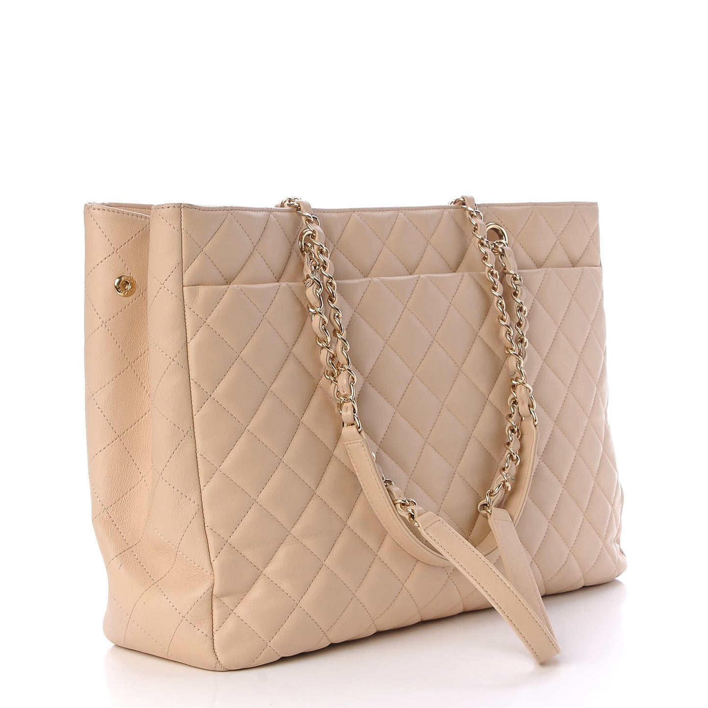 Calfskin Quilted Large CC Shopping Tote Beige