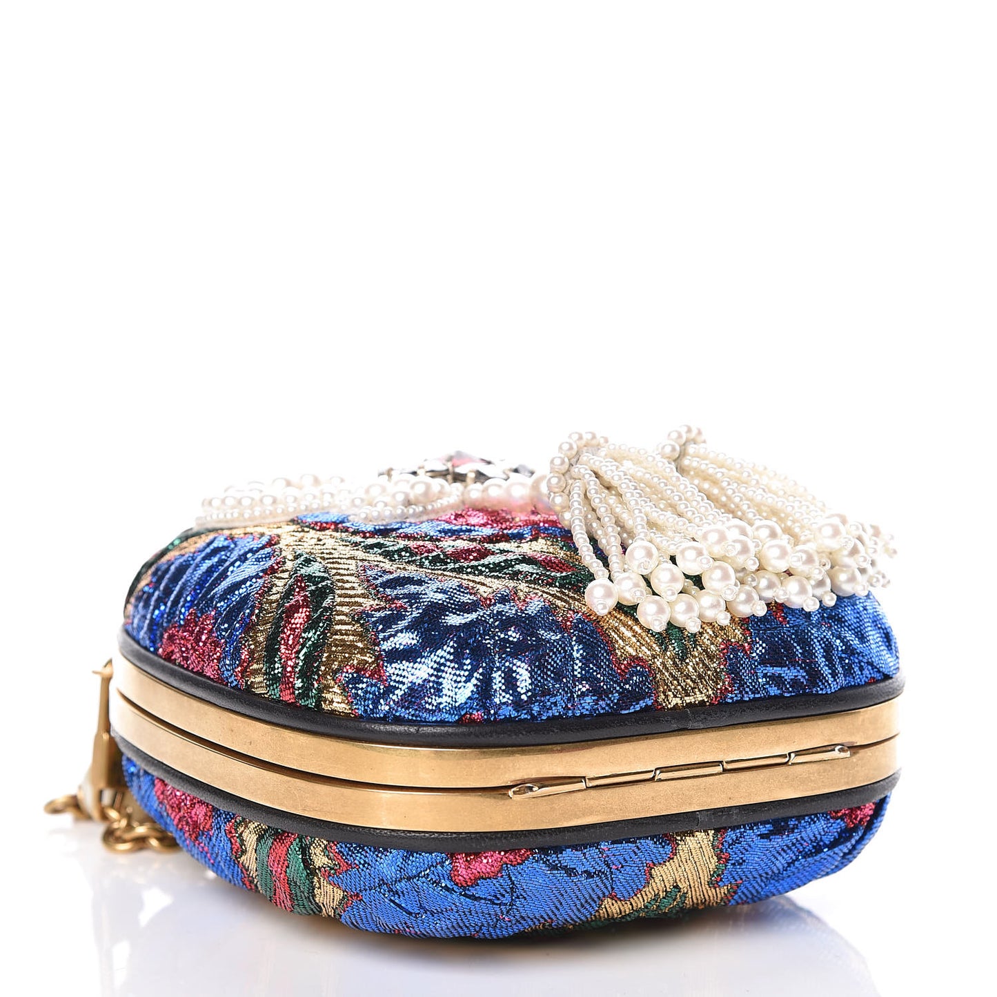 Brocade Pearl Bow Sandy Flow Chain Clutch Gold Blue Royal Multicolor