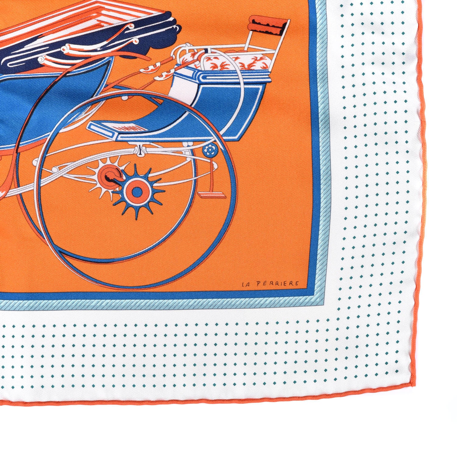 Hermes Silk Les Voitures A Transformation Scarf 90 Orange White Bleu 4 of 6
