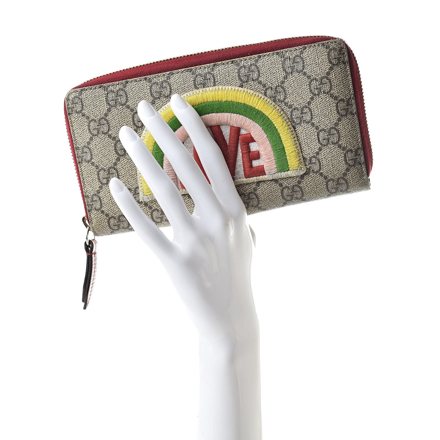 GG Supreme Monogram Embroidered Rainbow Zip Around Wallet Red