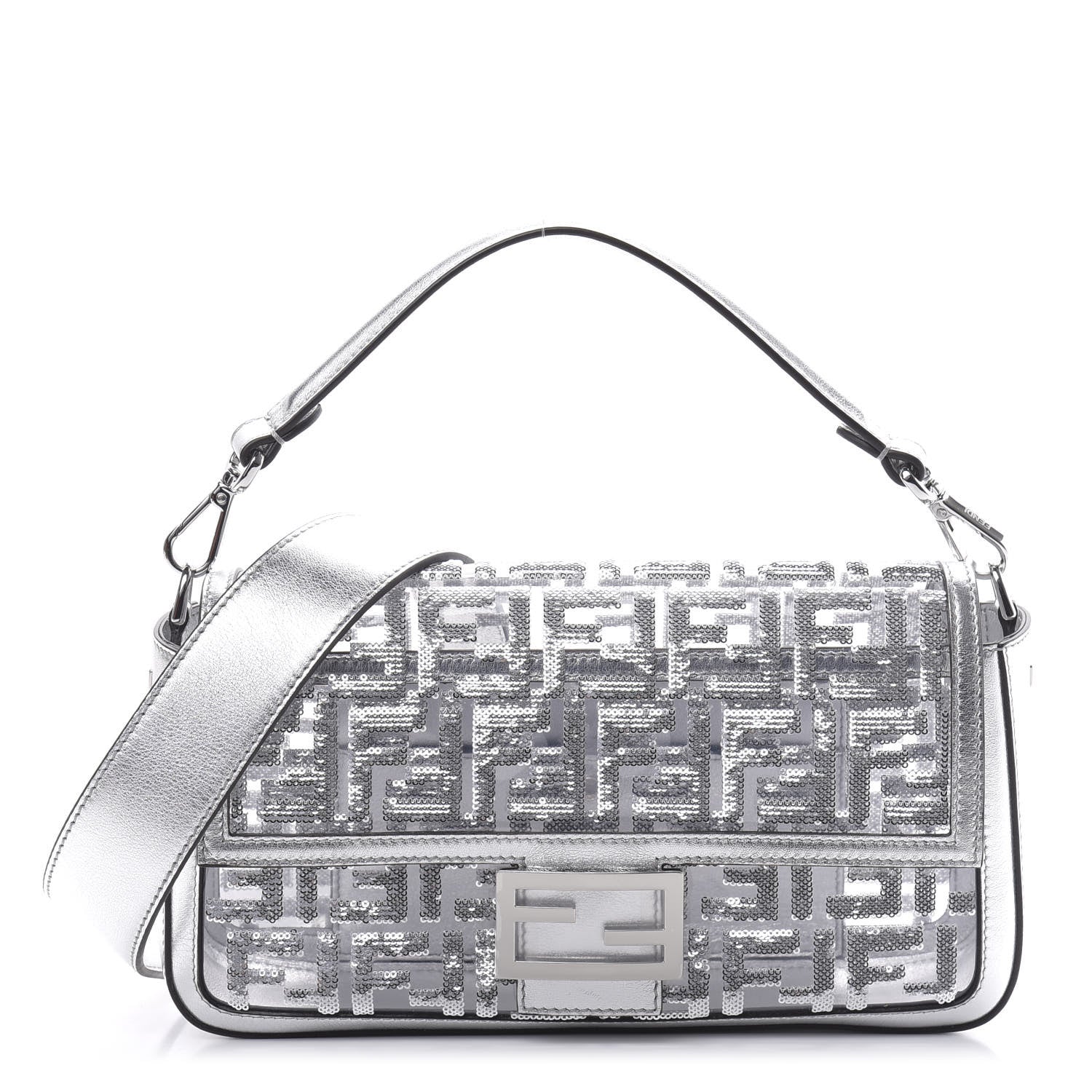 Fendi PVC Vitello Catalan Mirror Sequin FF Baguette Argento 1 of 12