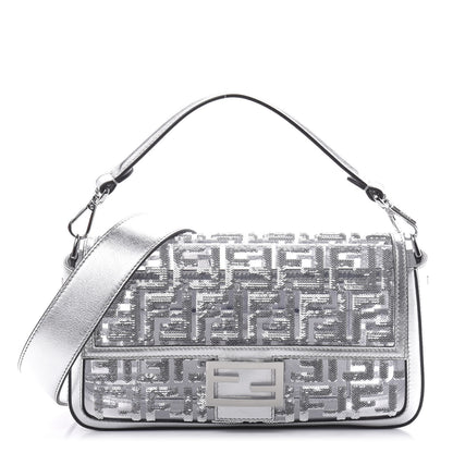 Fendi PVC Vitello Catalan Mirror Sequin FF Baguette Argento 1 of 12