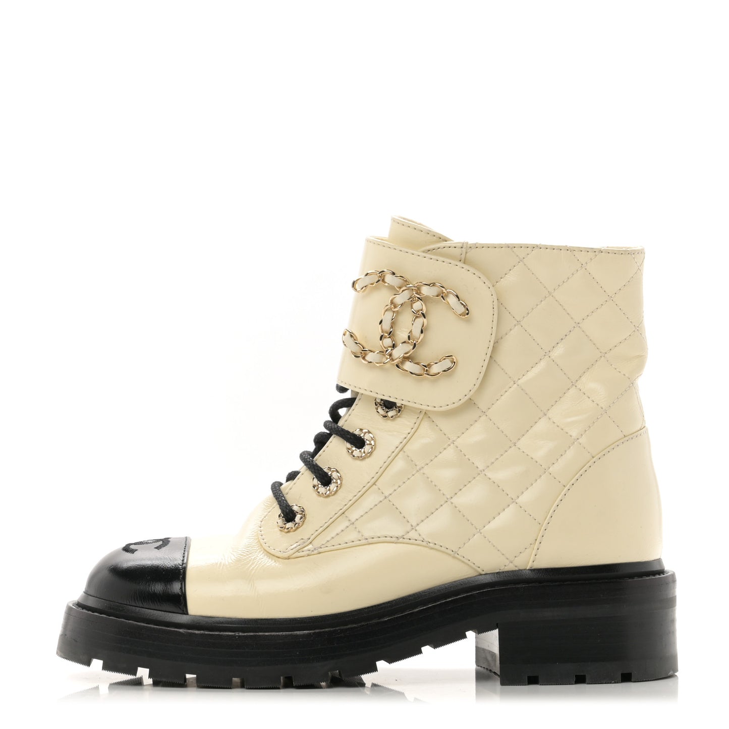Shiny Goatskin Calfskin Quilted Lace Up Combat Boots 36 Ivory Black