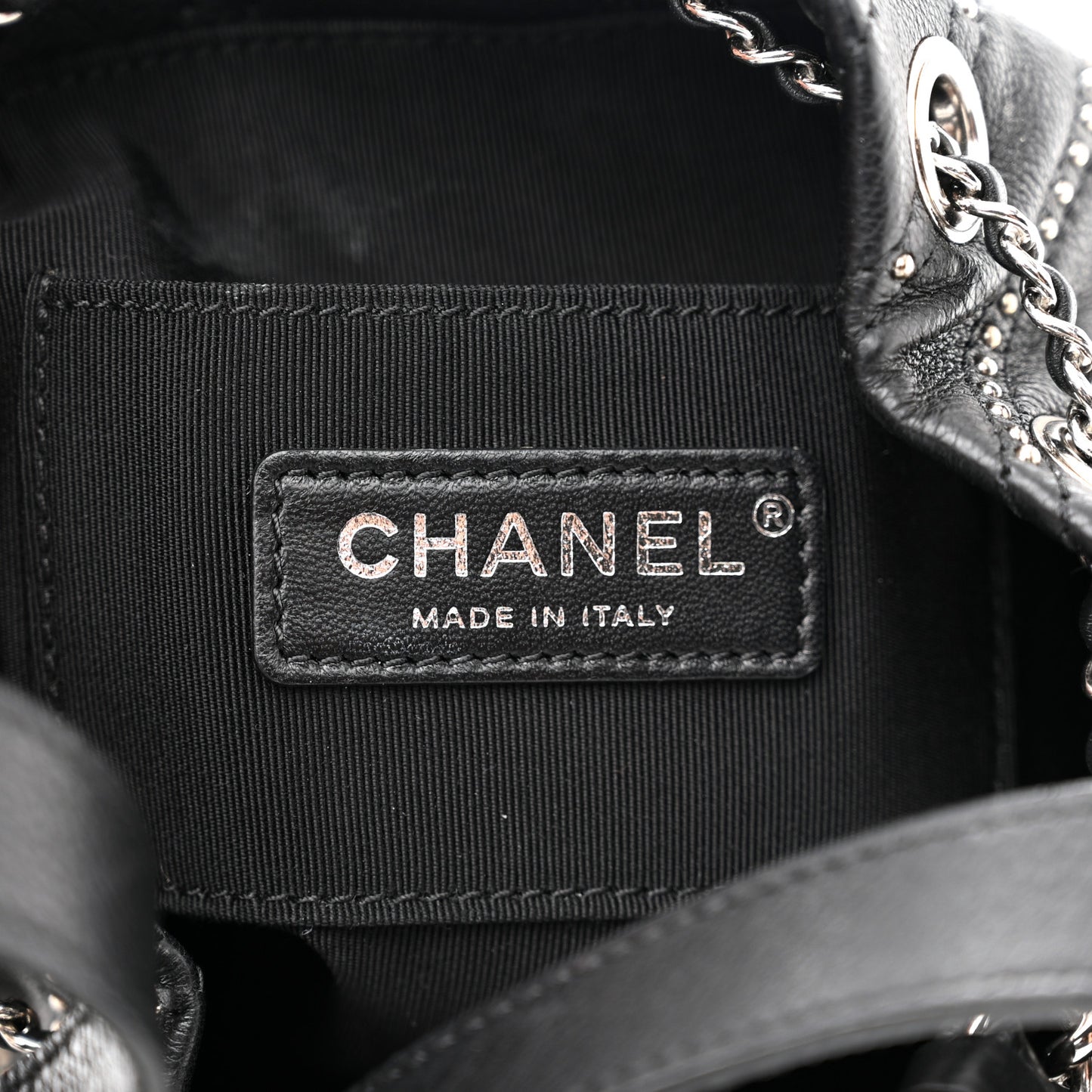 Calfskin Studded Chevron Quilted Stud Wars Drawstring Bag Black