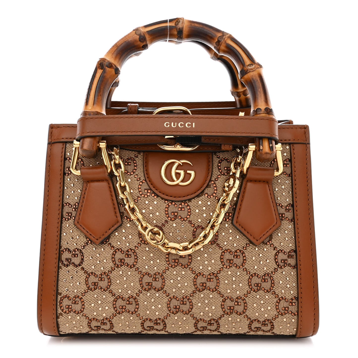 New Canvas Charisma Calfskin Crystal GG Monogram Mini Diana Tote Bag Camel Ebony