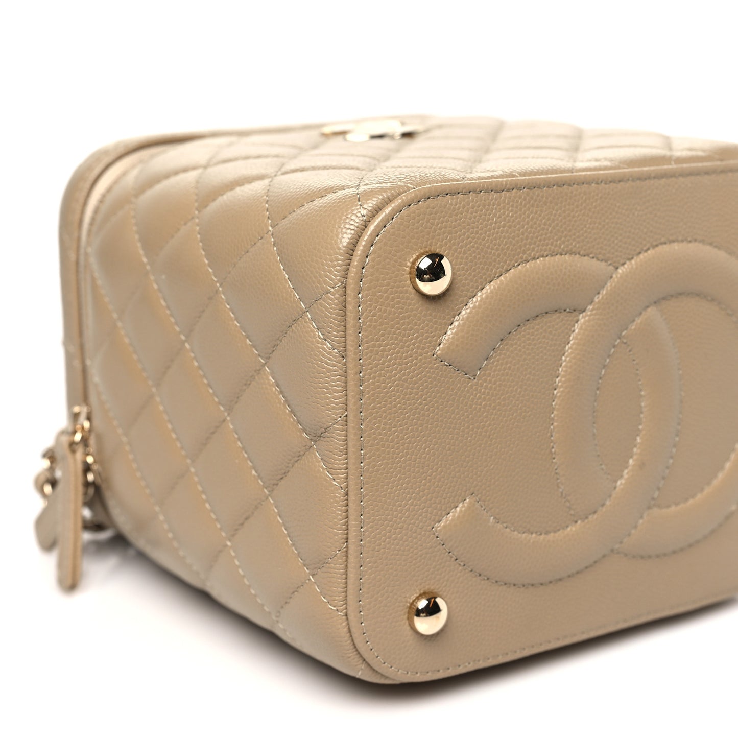 Caviar Quilted Small Top Handle Vanity Case With Chain Dark Beige