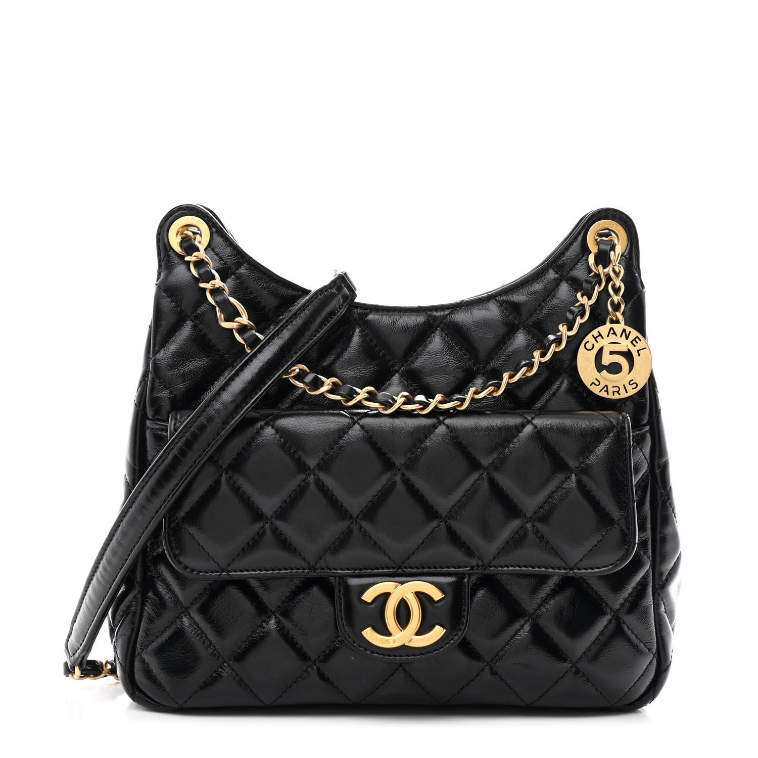 Chanel Shiny Crumpled Calfskin Quilted Wavy CC Hobo Black 1 of 10