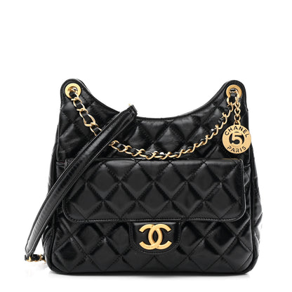Chanel Shiny Crumpled Calfskin Quilted Wavy CC Hobo Black 1 of 10