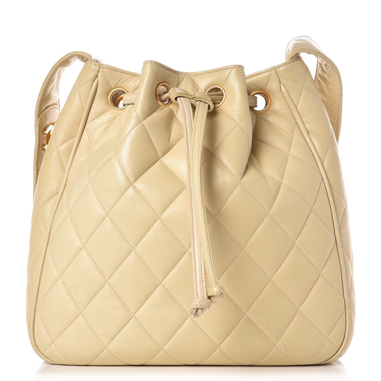 Lambskin Quilted Drawstring Shoulder Bag Beige