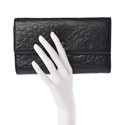Chanel Lambskin Camellia Embossed Large Flap Wallet Black 2 of 17