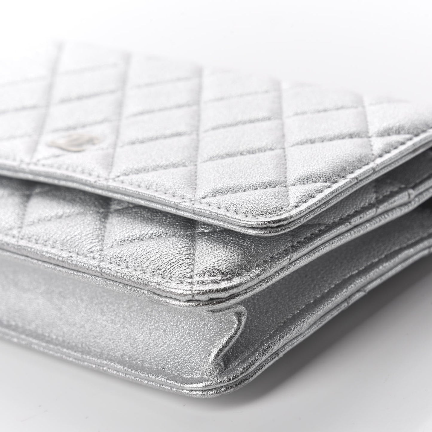 Metallic Lambskin Quilted Wallet On Chain WOC Silver