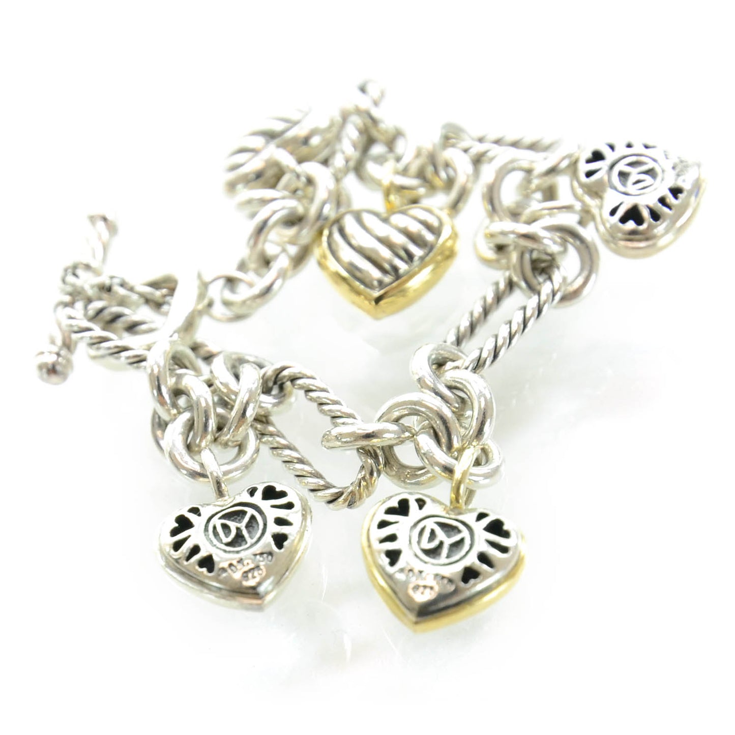 Sterling Silver 18K Yellow Gold Cable Heart 5 Charm Bracelet