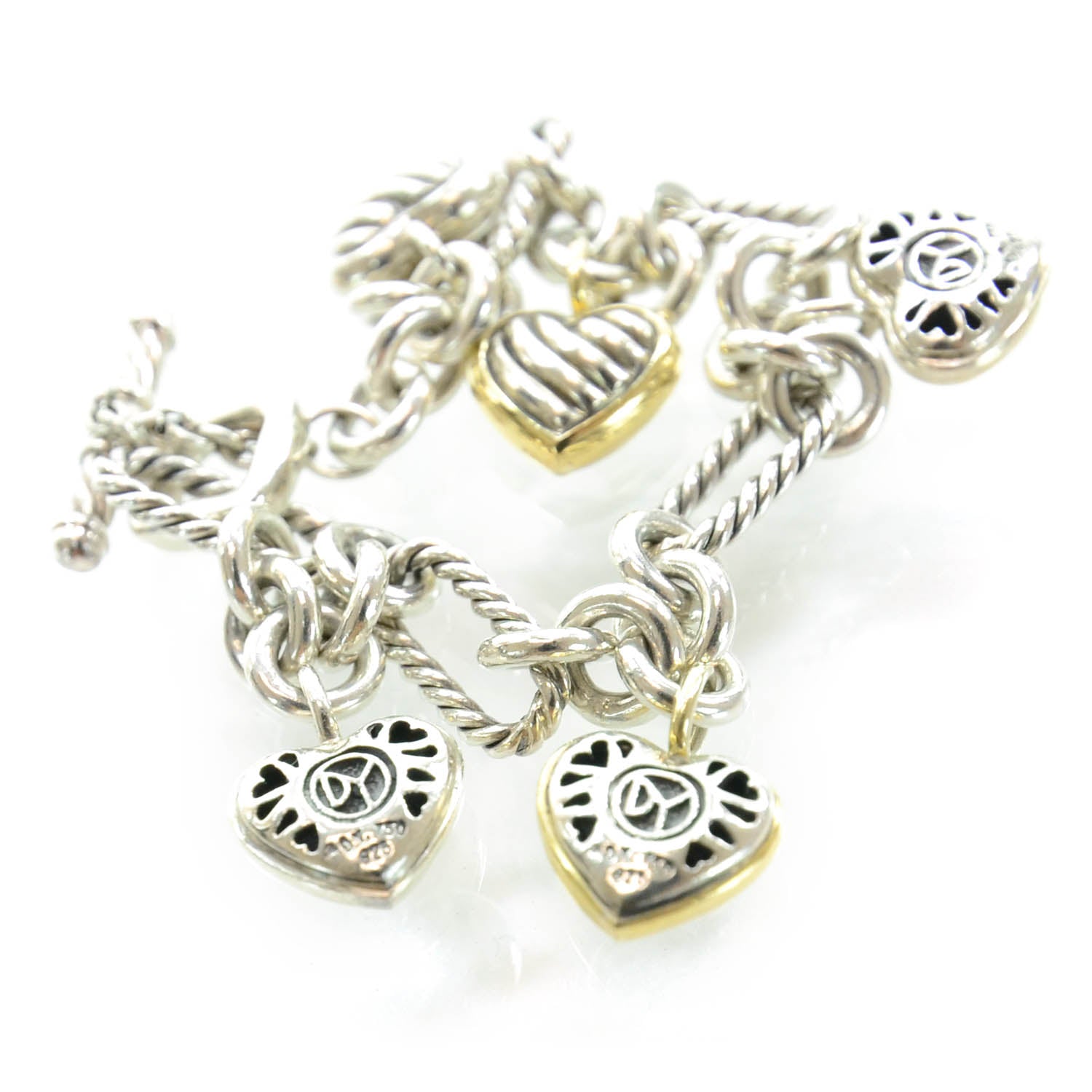 David Yurman Sterling Silver 18K Yellow Gold Cable Heart 5 Charm Bracelet 2 of 5