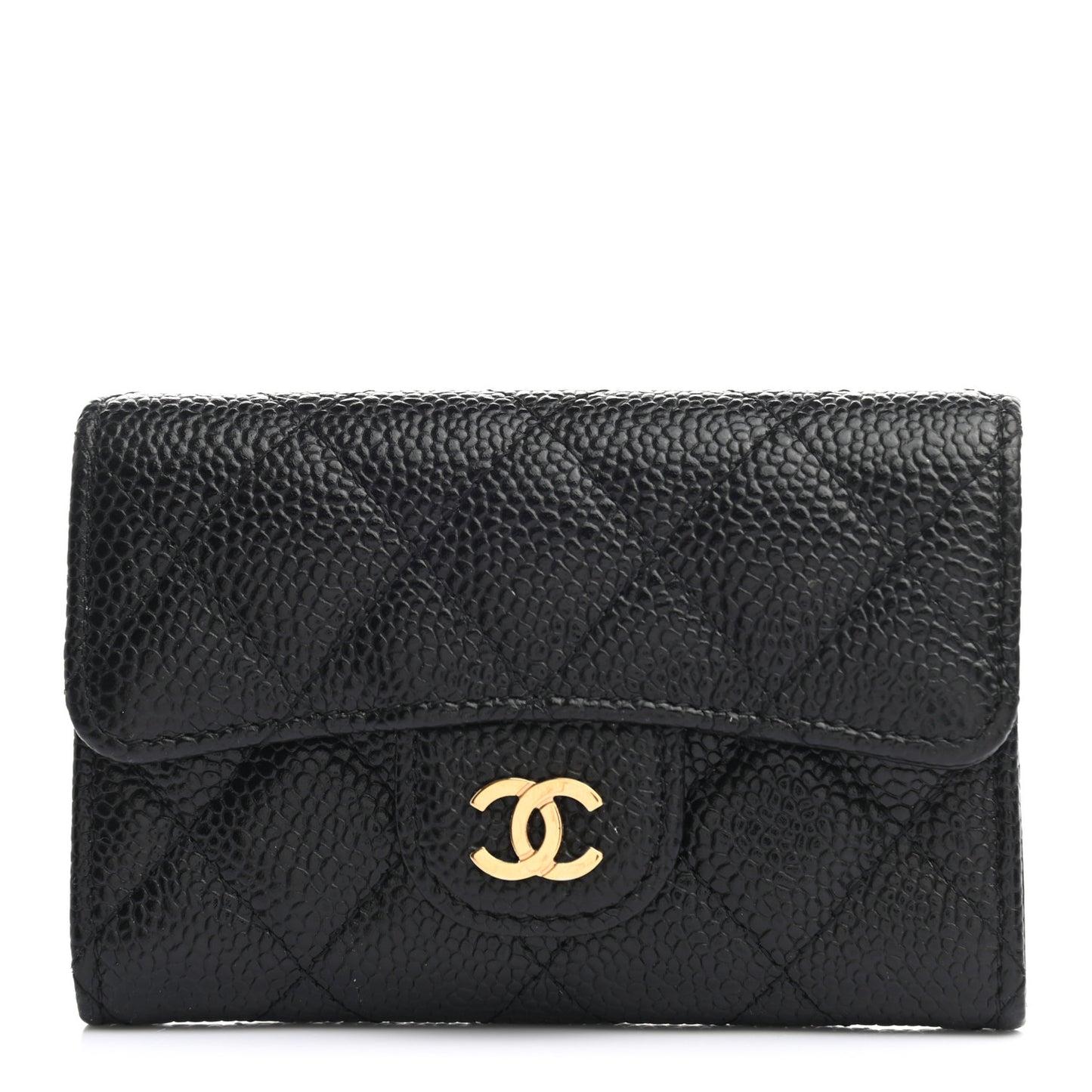 Caviar Quilted Flap Card Holder Wallet Black