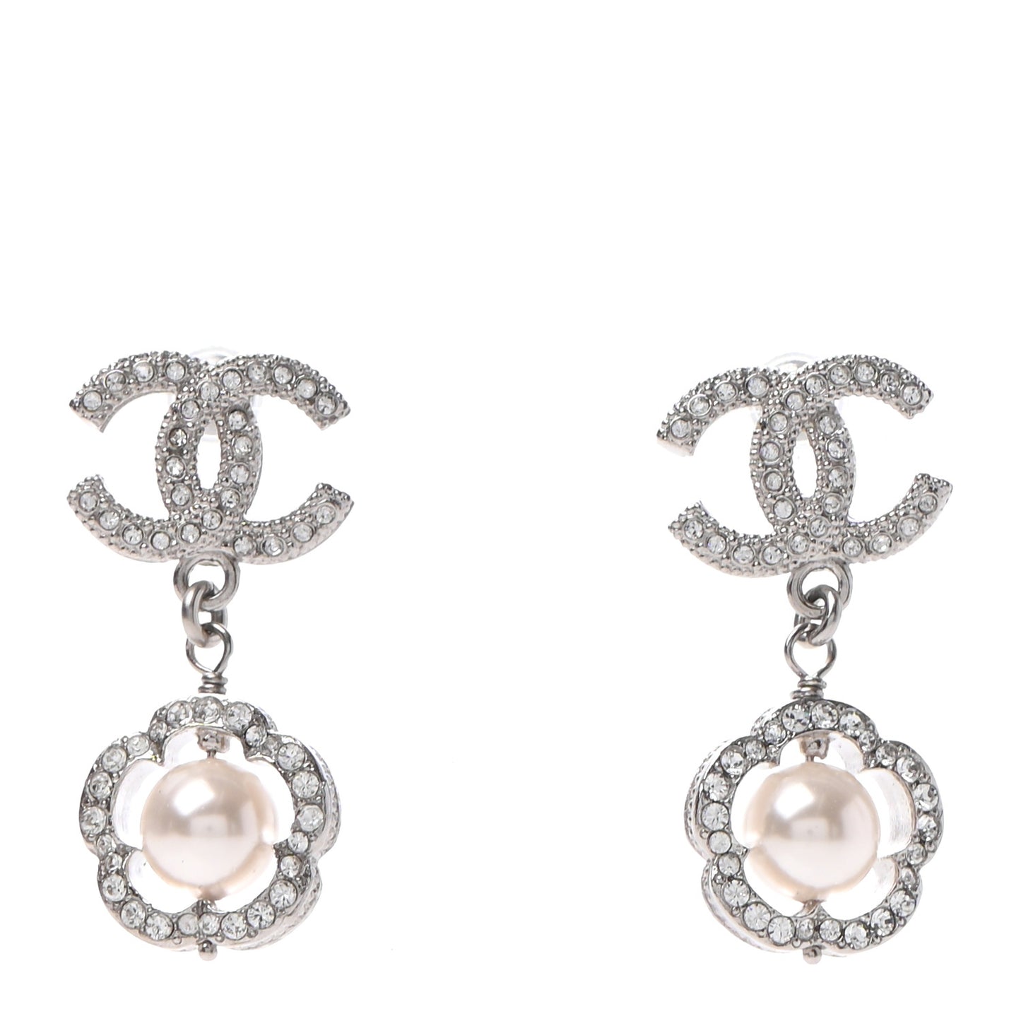 Crystal Pearl Camellia CC Coco Flapper Drop Earrings Silver