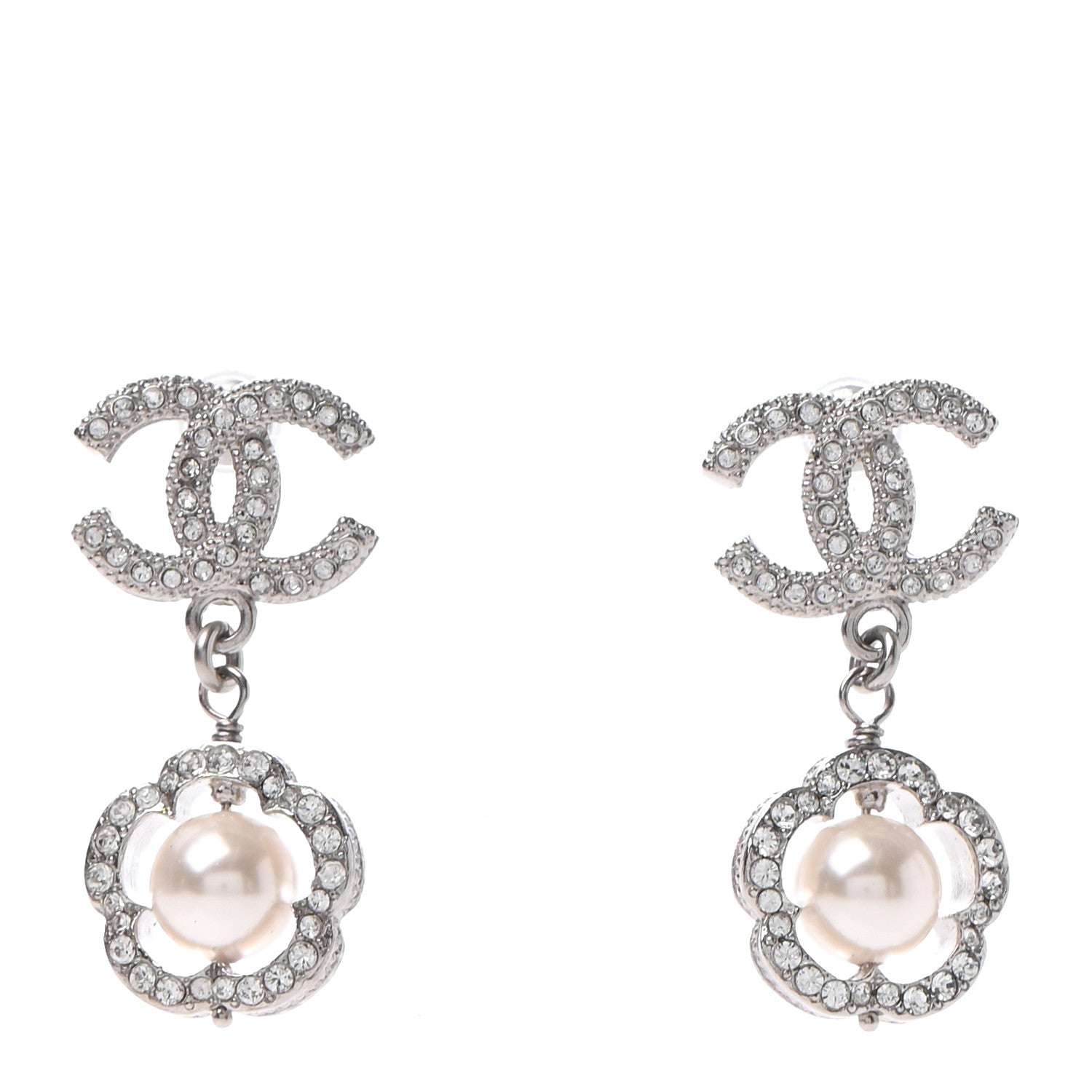 Chanel Crystal Pearl Camellia CC Coco Flapper Drop Earrings Silver 1 of 4