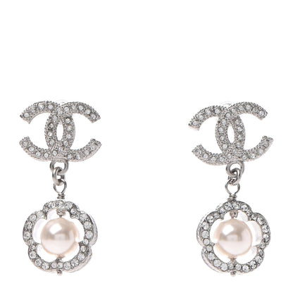 Chanel Crystal Pearl Camellia CC Coco Flapper Drop Earrings Silver 1 of 4