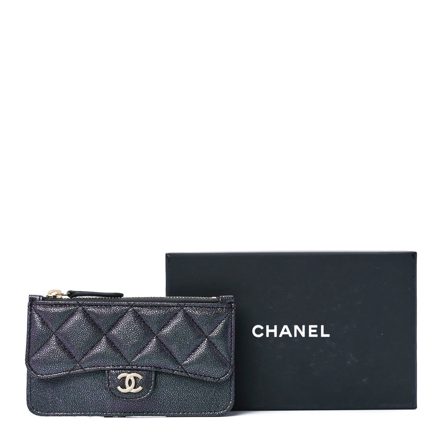 Iridescent Caviar Quilted Flap Zip Card Holder Black