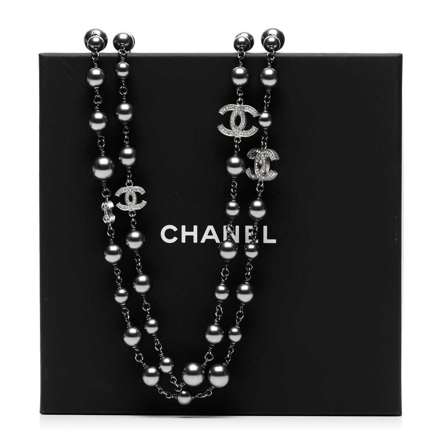 Crystal Pearl Beaded CC Long Necklace Ruthenium