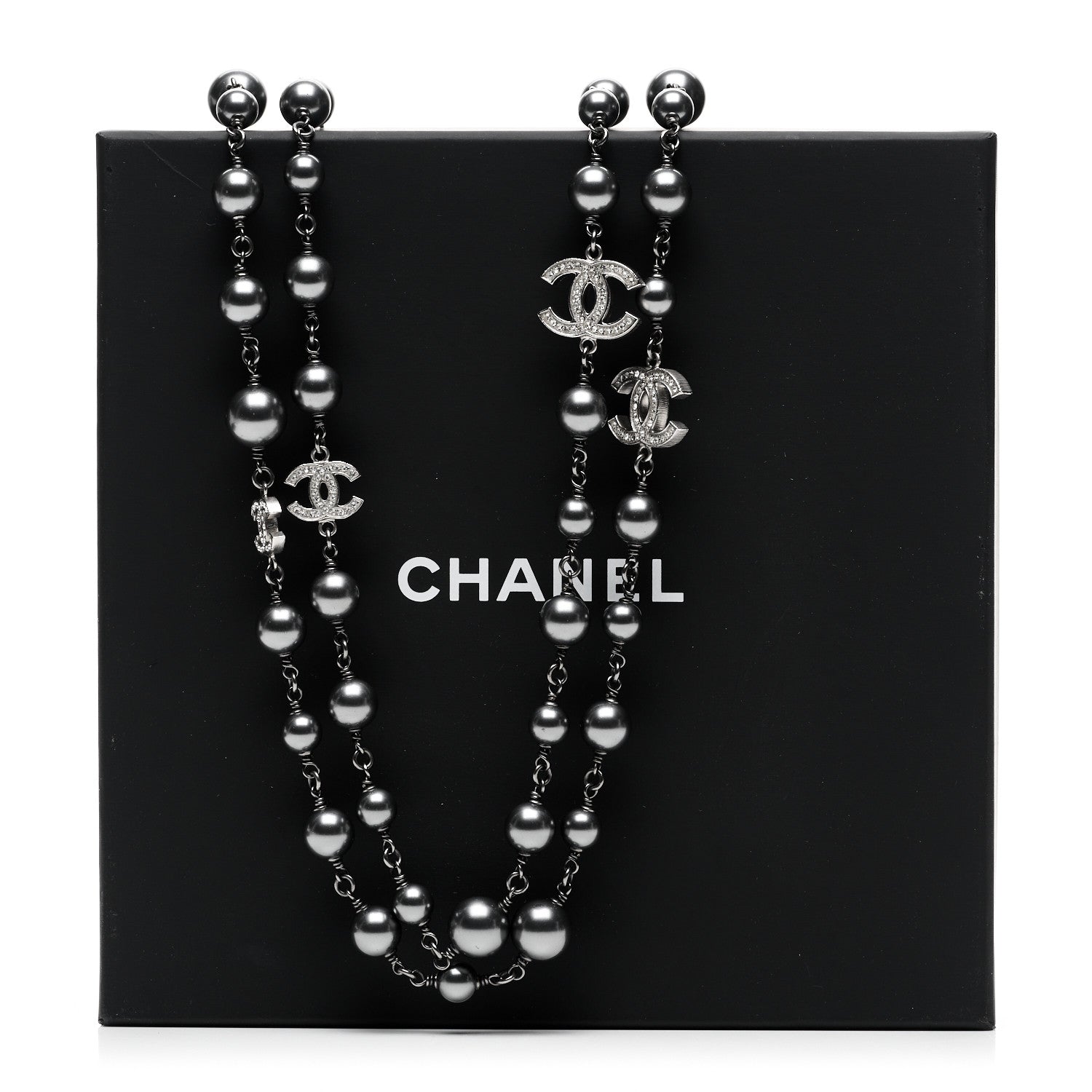 Chanel Crystal Pearl Beaded CC Long Necklace Ruthenium 6 of 6