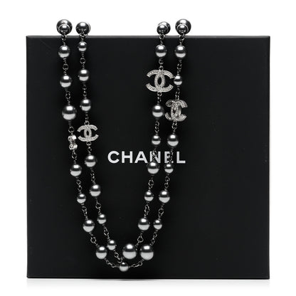 Chanel Crystal Pearl Beaded CC Long Necklace Ruthenium 6 of 6