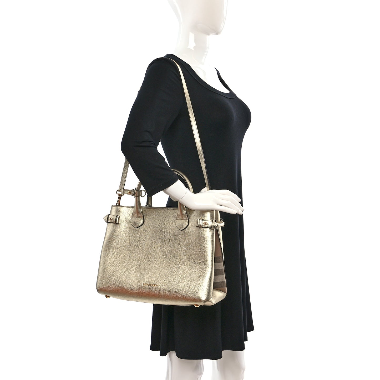 Metallic Grainy Calfskin House Check Medium Banner Tote Gold