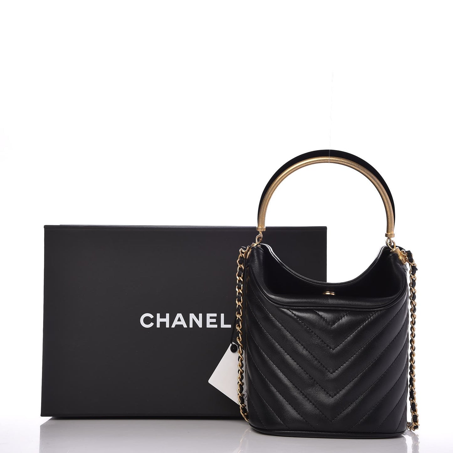 Lambskin Chevron Quilted Handle With Chic Bucket Bag Black