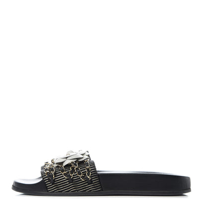 Chanel Calfskin Chain Camellia Flat Sandals 40 Black 1 of 8