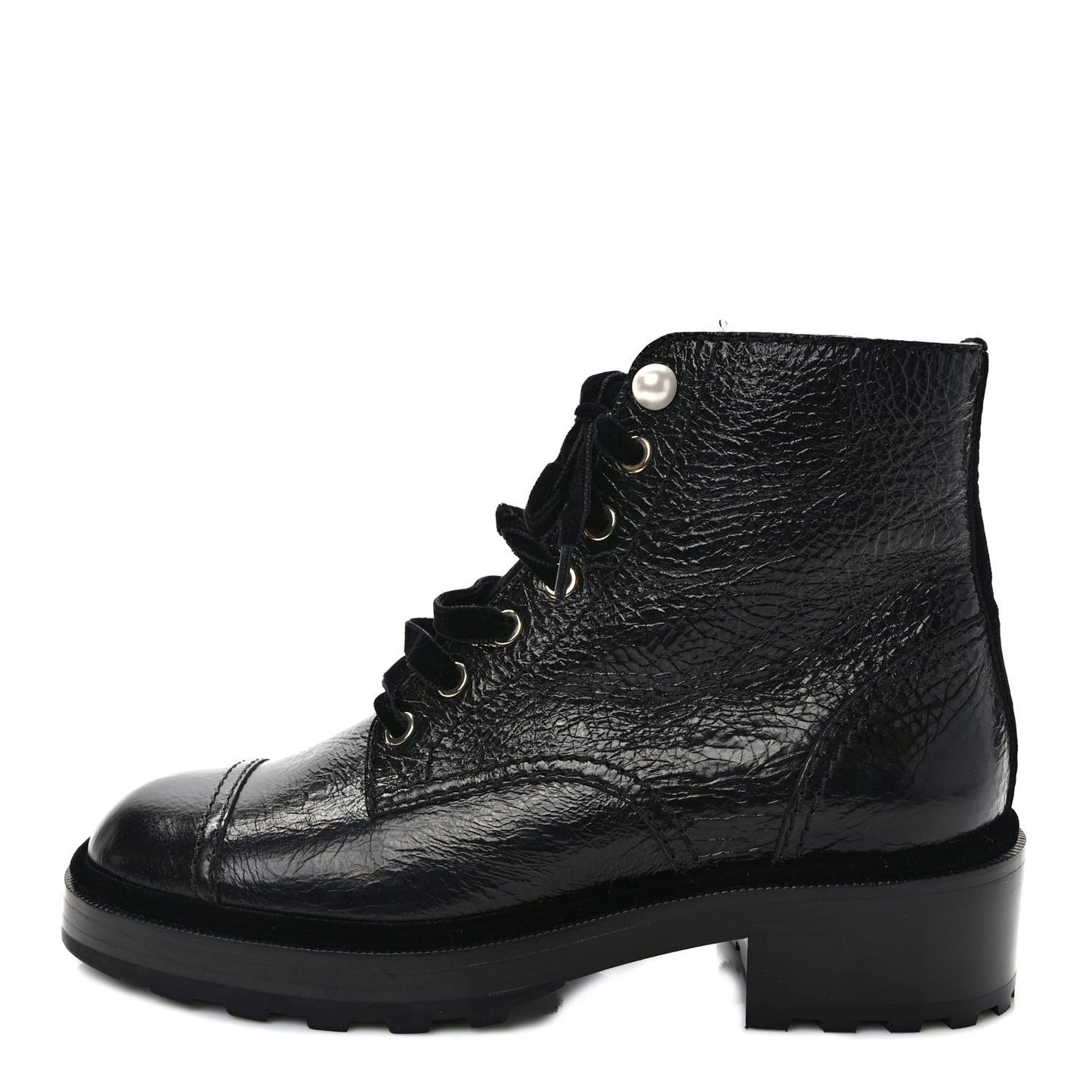 Shiny Calfskin Velvet Pearl Combat Short Boots 38.5 Black