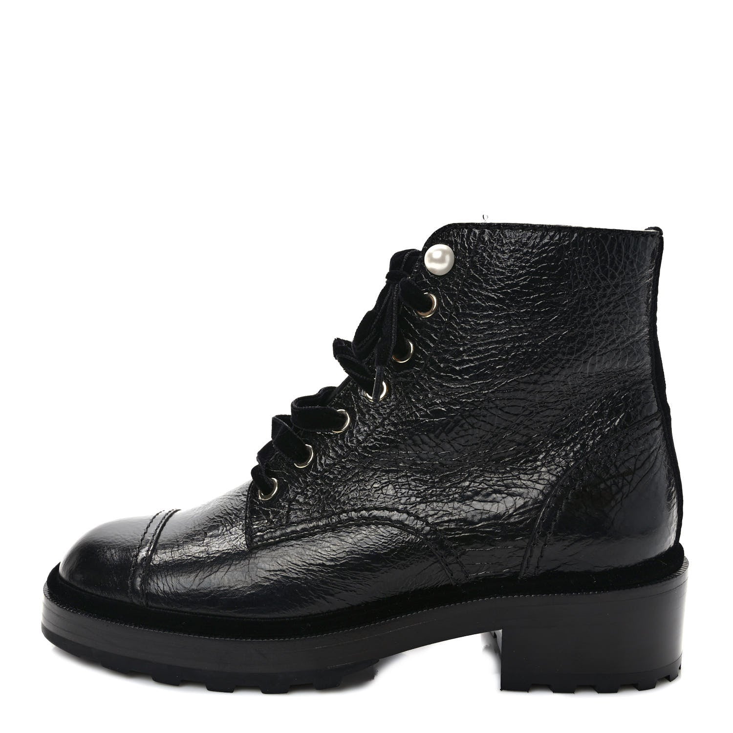 Chanel Shiny Calfskin Velvet Pearl Combat Short Boots 38.5 Black 1 of 8