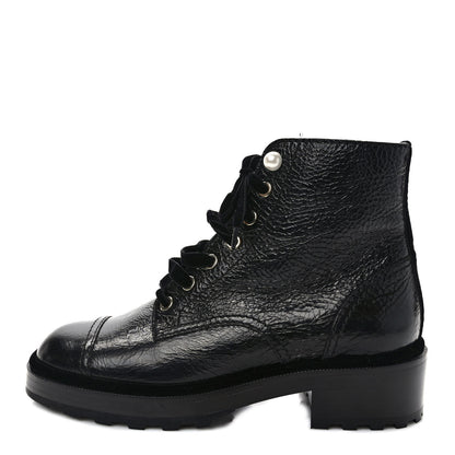 Chanel Shiny Calfskin Velvet Pearl Combat Short Boots 38.5 Black 1 of 8