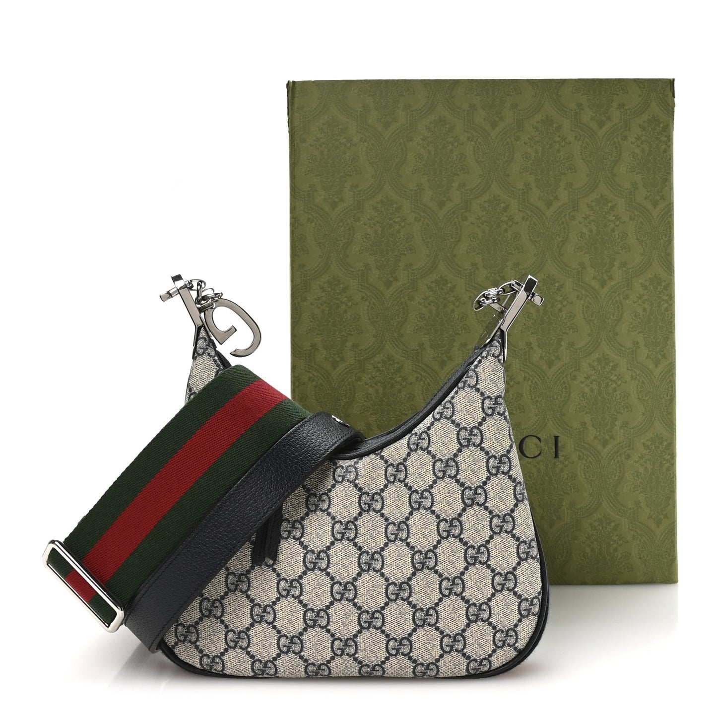GG Supreme Monogram Textured Calfskin Web Small Attache Shoulder Bag Beige Blue