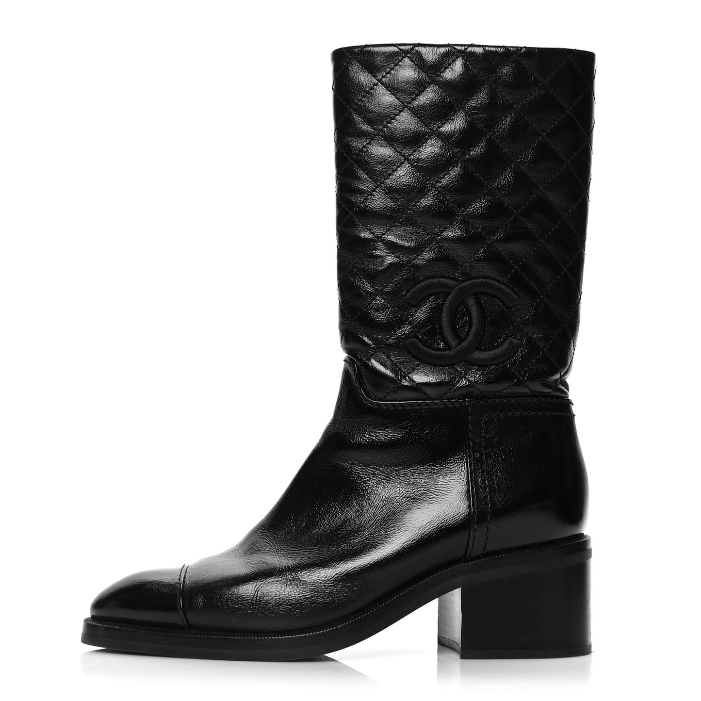 Shiny Crumpled Calfskin Quilted CC High Boots 37.5 Black