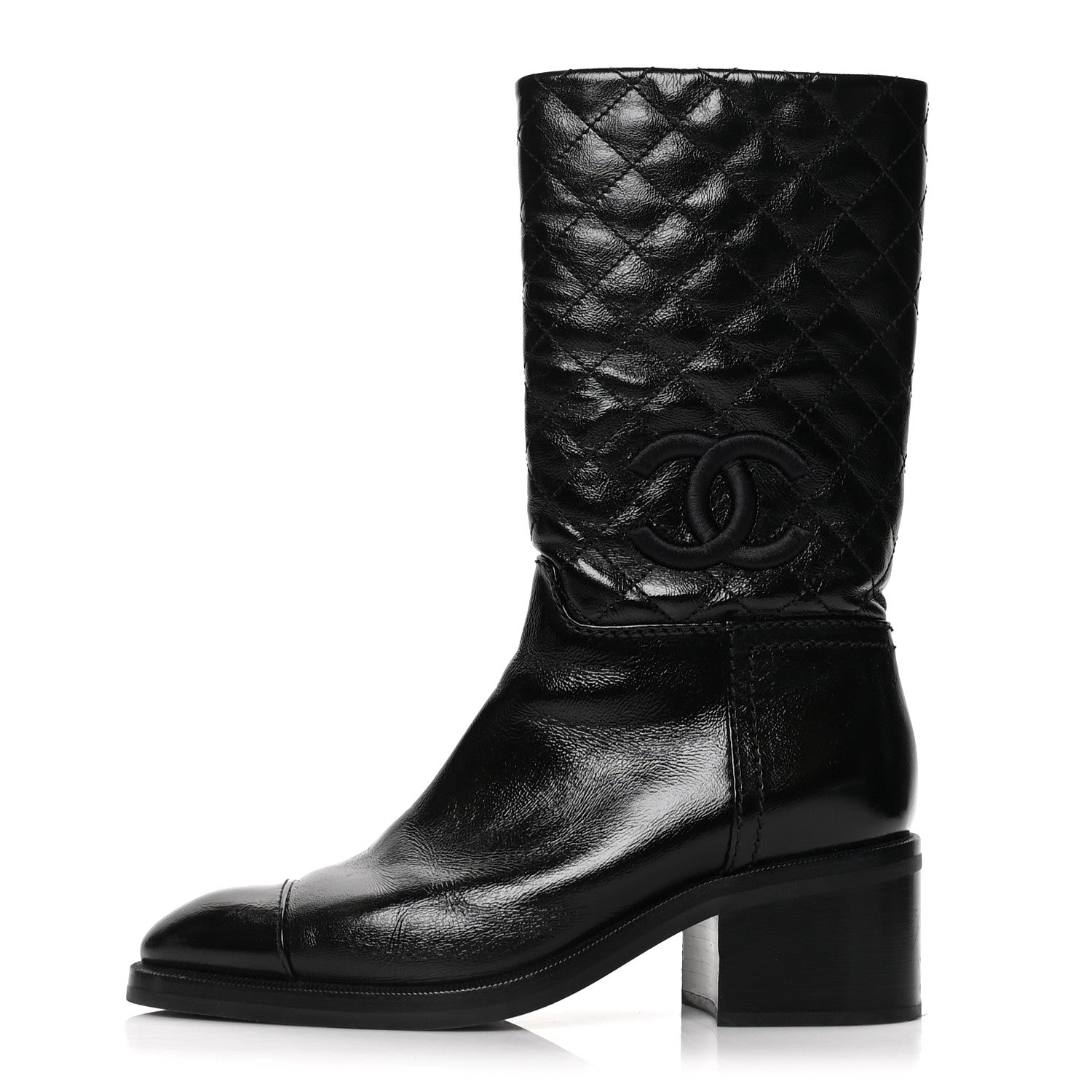 Chanel Shiny Crumpled Calfskin Quilted CC High Boots 37.5 Black 1 of 7
