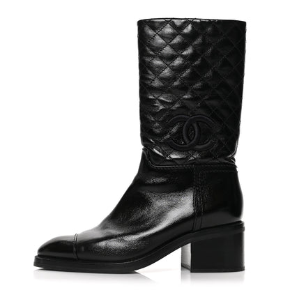 Chanel Shiny Crumpled Calfskin Quilted CC High Boots 37.5 Black 1 of 7