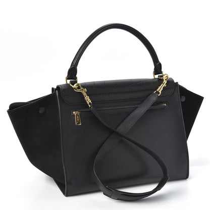 Celine Crocodile Embossed Calfskin Suede Medium Trapeze Black 2 of 8