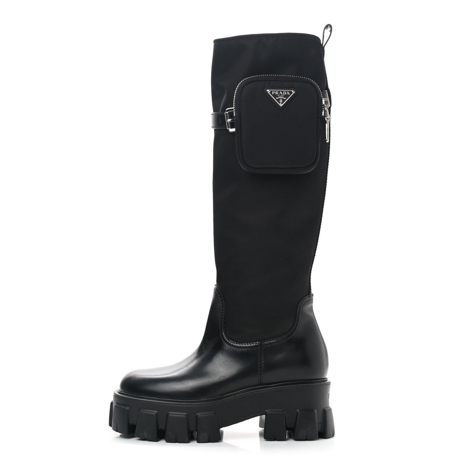 Prada Spazzolato Rois Re-Nylon Metal Triangle Logo Monolith Pouch Pocket 55mm Tall Boots 35 Black 1 of 7